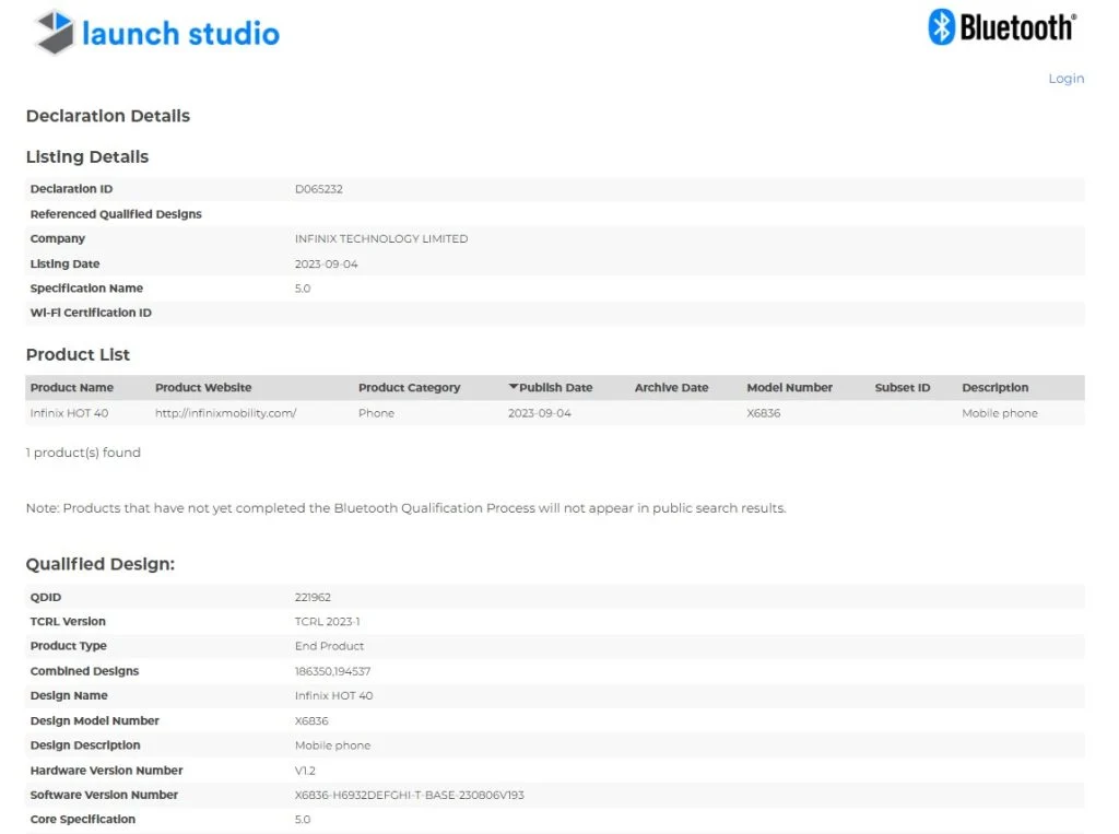 infinix hot 40 bluetooth certification