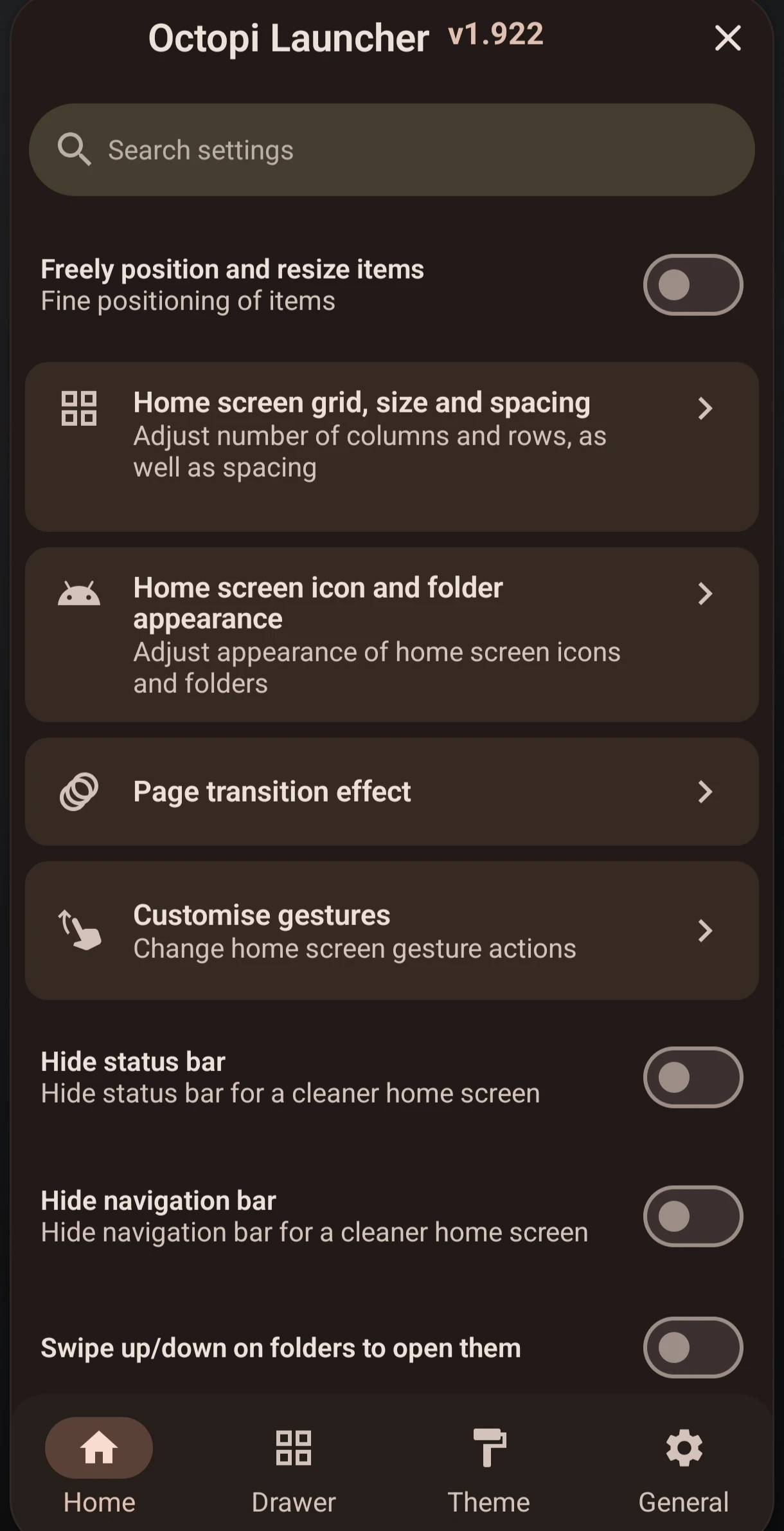 octopi launcher home settings tab