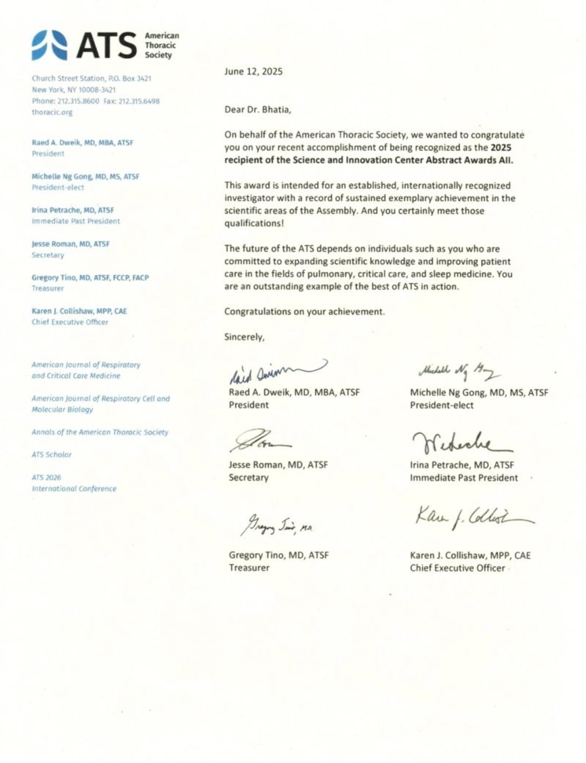 Science and Innovation Working Group Award, Allergy, Immunology and Inflammation (AII) Assembly, American Thoracic Society