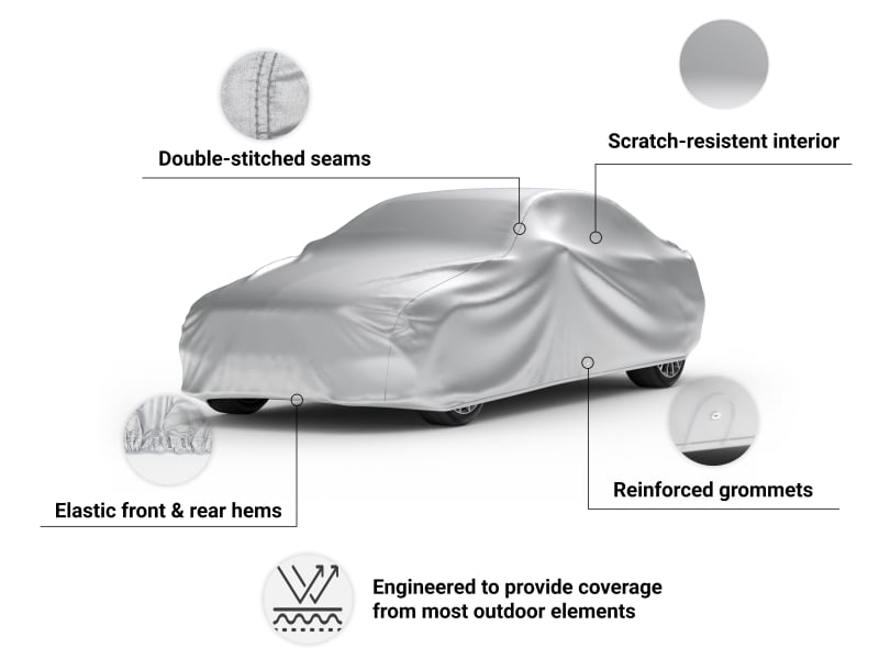 Deluxe Shield Car Cover features ultrasonically welded seams, elastic front and rear hems, and reinforced grommets