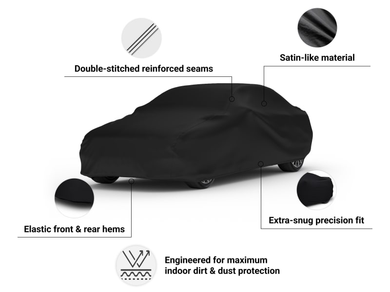 Indoor Black Satin Car Cover features ultrasonically welded seams, elastic front and rear hems, and an extra-snug precision fit