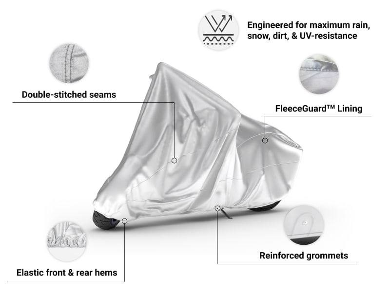 Platinum Shield Motorcycle Cover features ultrasonically welded seams, elastic front and rear hems, and reinforced grommets