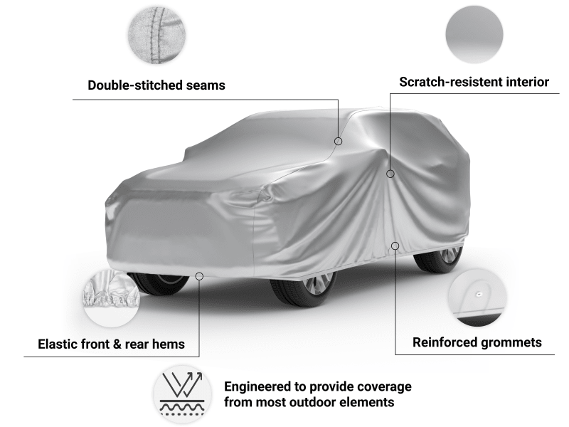 Deluxe Shield SUV Cover features ultrasonically welded seams, elastic front and rear hems, and reinforced grommets