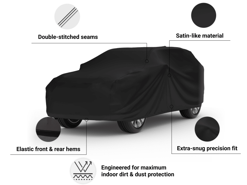 Indoor Black Satin SUV Cover features ultrasonically welded seams, elastic front and rear hems, and an extra-snug precision fit