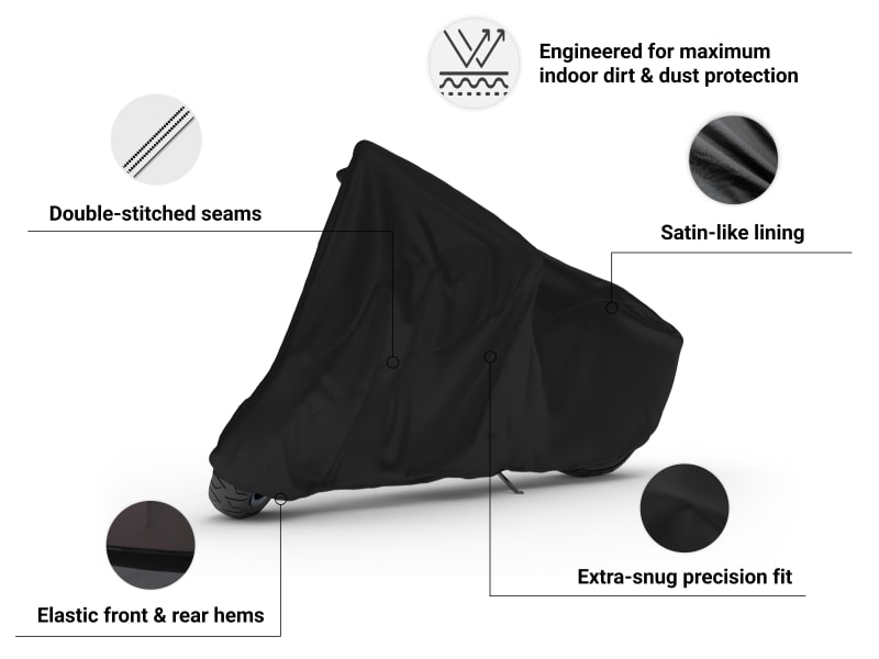 Indoor Black Satin Scooter Cover features ultrasonically welded seams, elastic front and rear hems, and an extra-snug precision fit