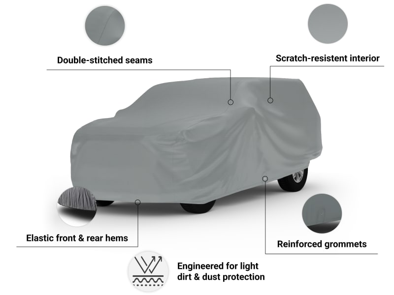 Basic Shield Truck with Camper Shell Cover features ultrasonically welded seams, elastic front and rear hems, and reinforced grommets