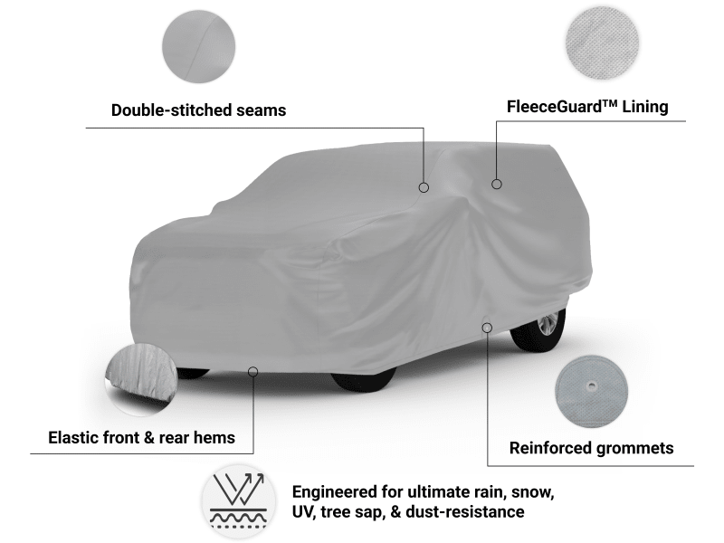 Ultimate Shield Truck with Camper Shell Cover features ultrasonically welded seams, elastic front and rear hems, and reinforced grommets