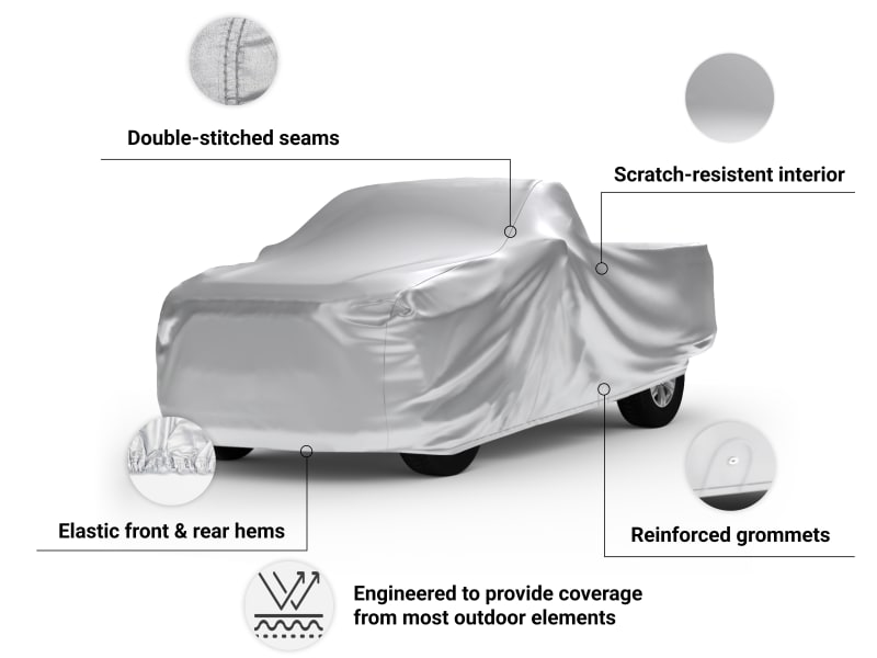 Deluxe Shield Truck Cover features double-stitched seams, elastic front and rear hems, and reinforced grommets