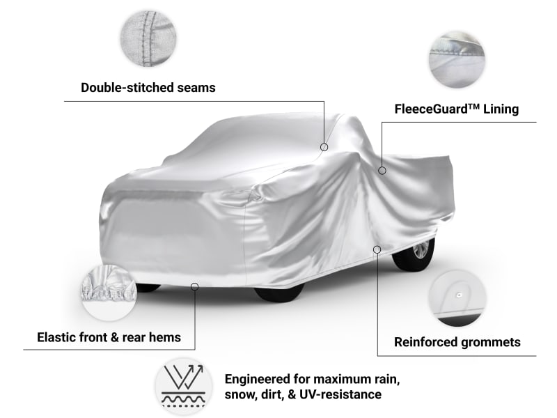 Platinum Shield Truck Cover features ultrasonically welded seams, elastic front and rear hems, and reinforced grommets