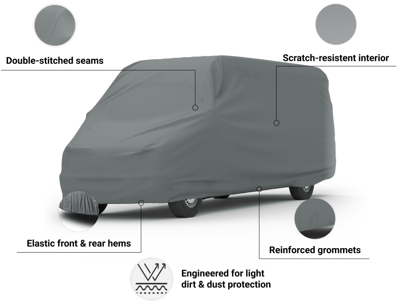 Basic Shield Van Cover features ultrasonically welded seams, elastic front and rear hems, and reinforced grommets