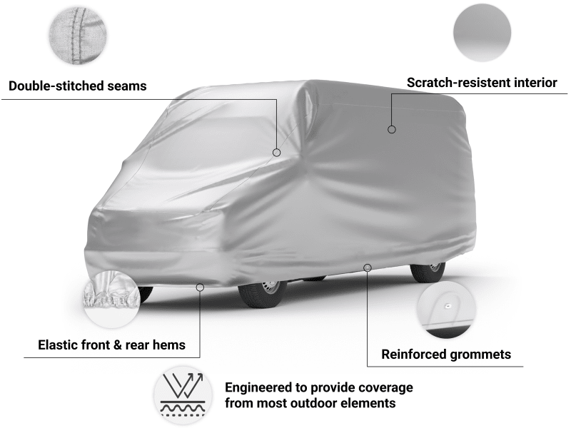 Deluxe Shield Van Cover features double-stitched seams, elastic front and rear hems, and reinforced grommets