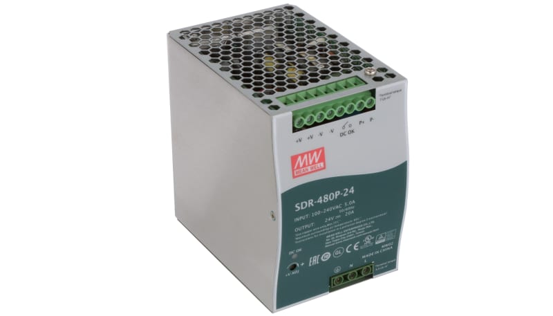 MEAN WELL SDR-480P-24 Power Supply,AC-DC,24V,20A,100-264V In,Enclosed ...