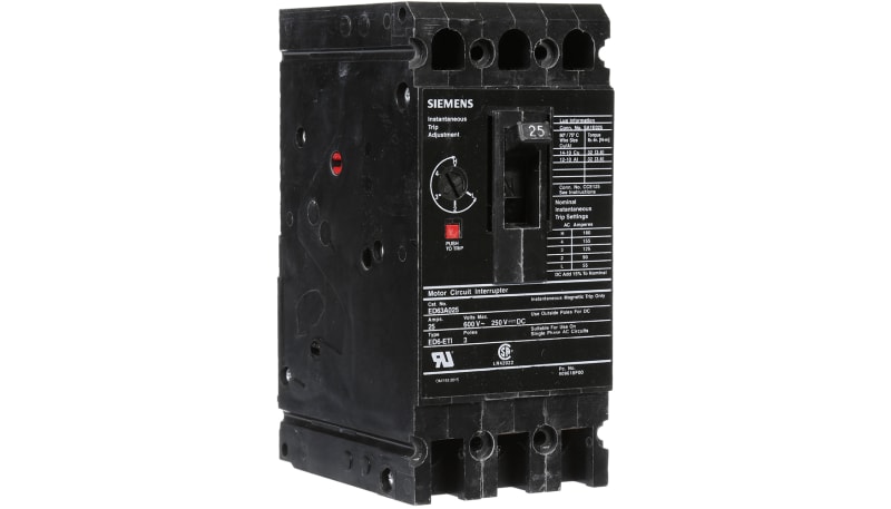 Siemens ED63A025 Molded Case Circuit Breaker,25A,3 Pole,600V,ED Frame ...