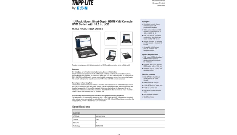 Tripp Lite B021-SWHD-K HDMI KVM Console/Switch, 18.5in LCD, 1U ...