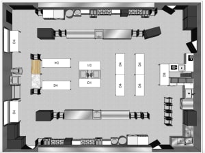 The Food Room's kitchen space, view from top.