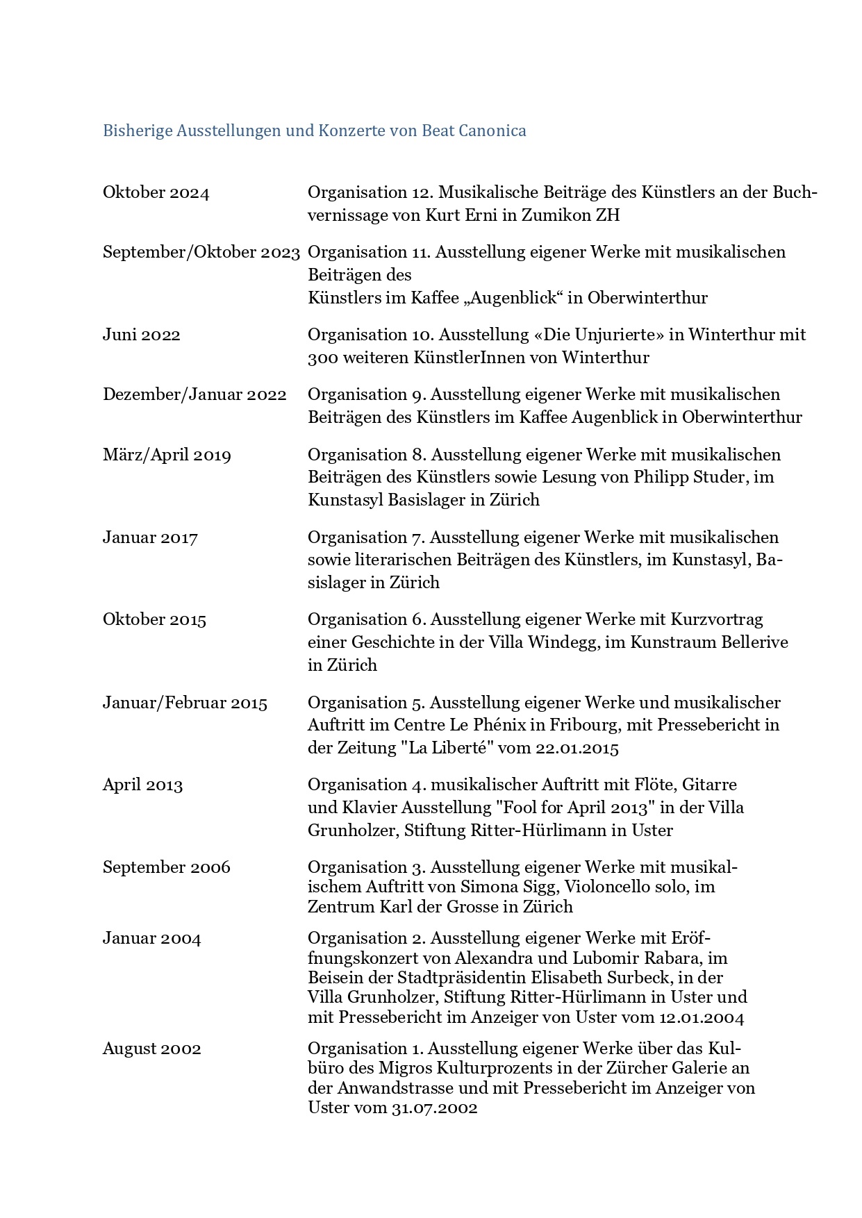 List of previous exhibitions and concerts
