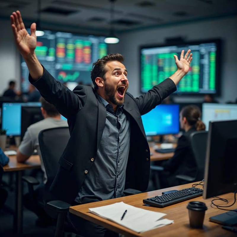 Two focused financial analysts using multiple screens to monitor real-time stock data and AI-driven analytics