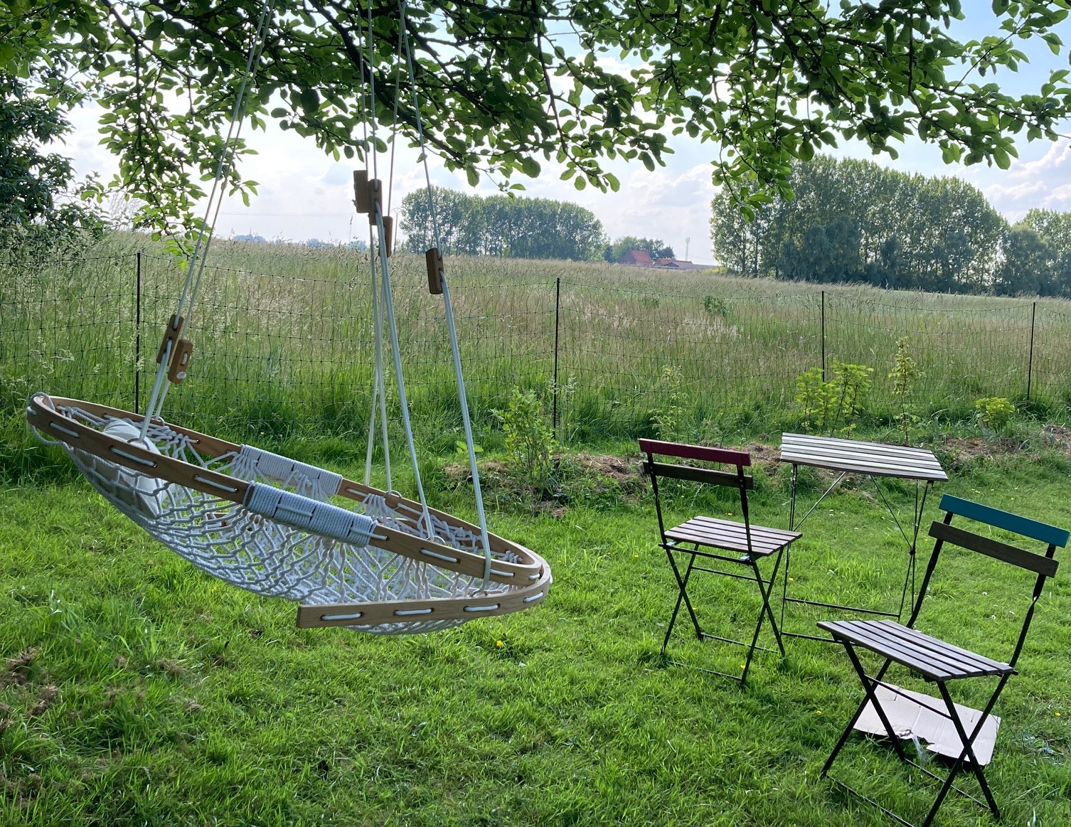 Cobble Mountain Hammock Chair hanging under a tree in a field with two chairs and a table in front of it.