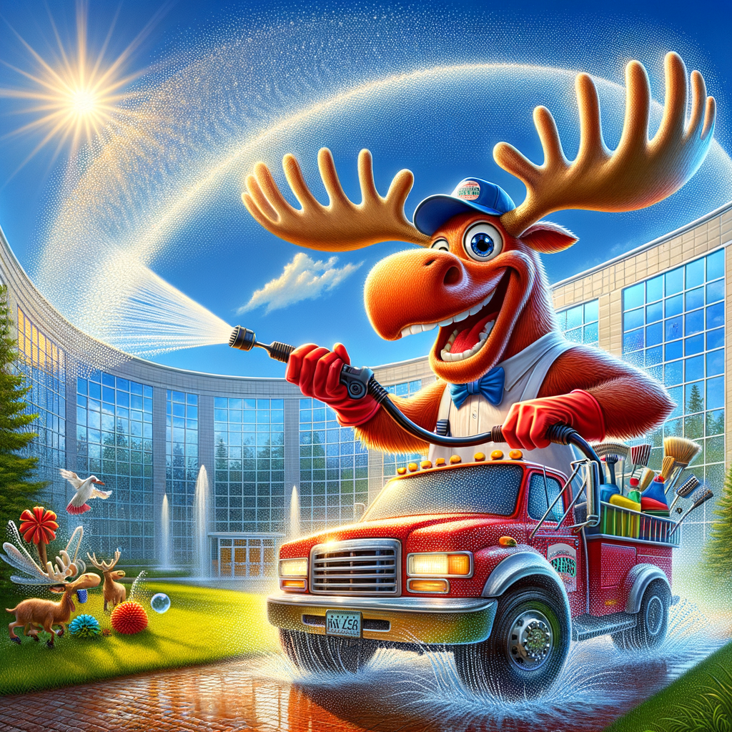 boost your business’s curb appeal with red moose’s expert commercial exterior cleaning in charlotte, what s big red and makes buildings gleam this isn t a joke it s just our cleaning team call us charlottenc yaoxyk