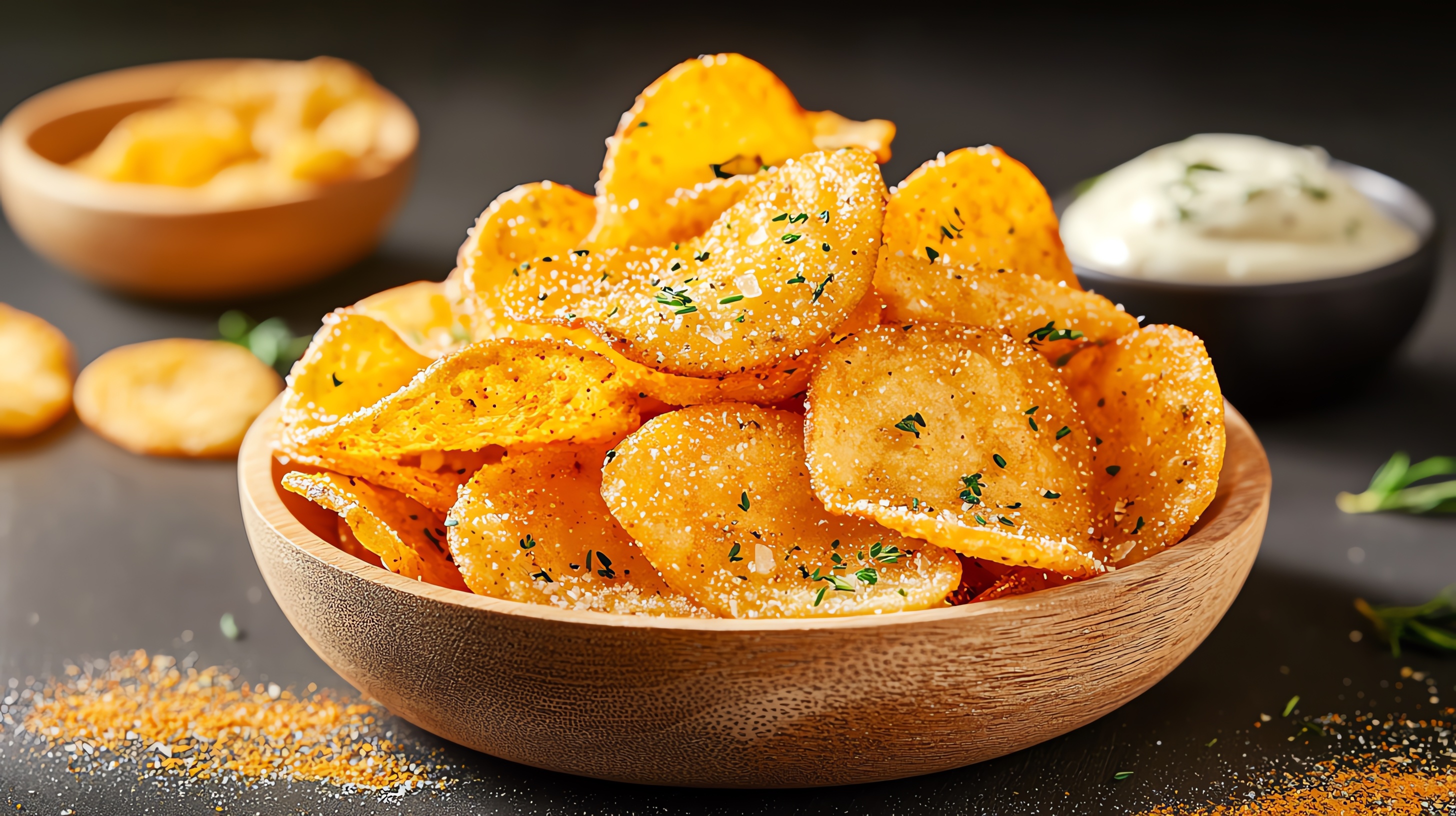  Bowl of crispy homemade potato chips seasoned with herbs and sea salt, served with a side of dip