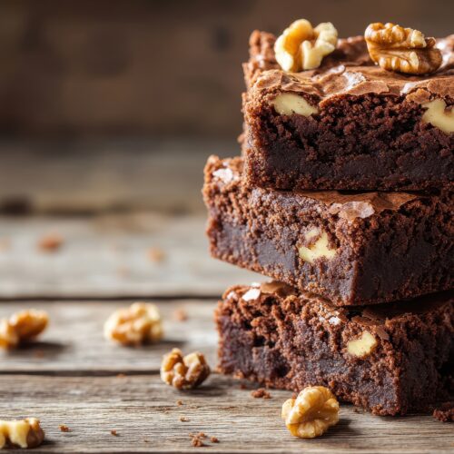 Stack of fudgy chocolate brownies with walnuts on a rustic wooden surface