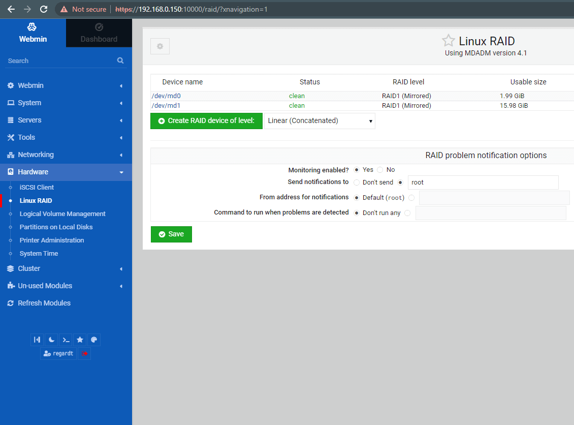 Webmin Raid 1 Status checks