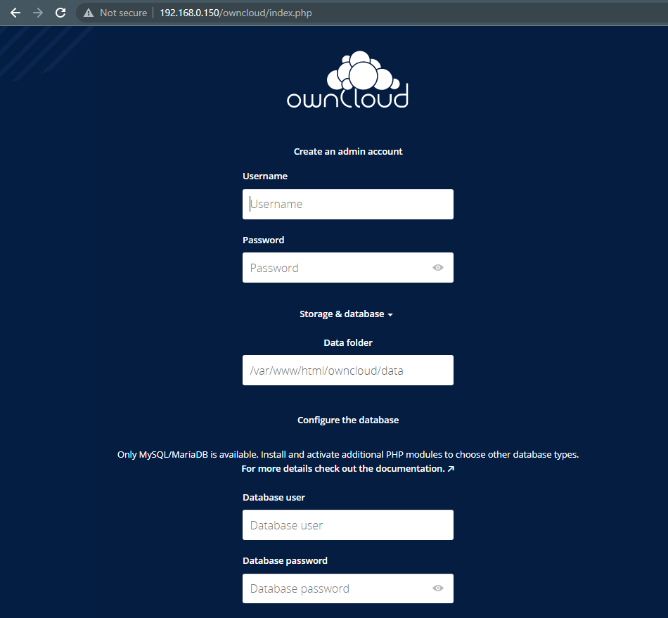 Owncloud Server Setup Screen