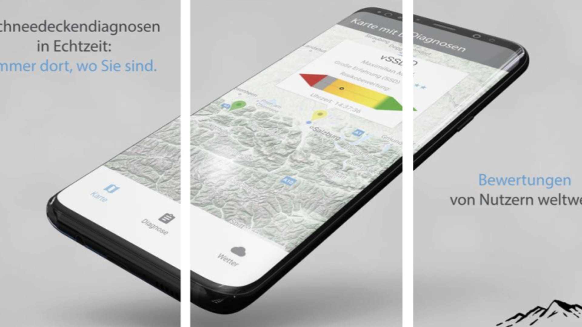 Produktbild der LARA App mit drei Smartphone-Ansichten: Karte, Diagnose und Nutzerbewertungen zur Schneedeckendiagnose.