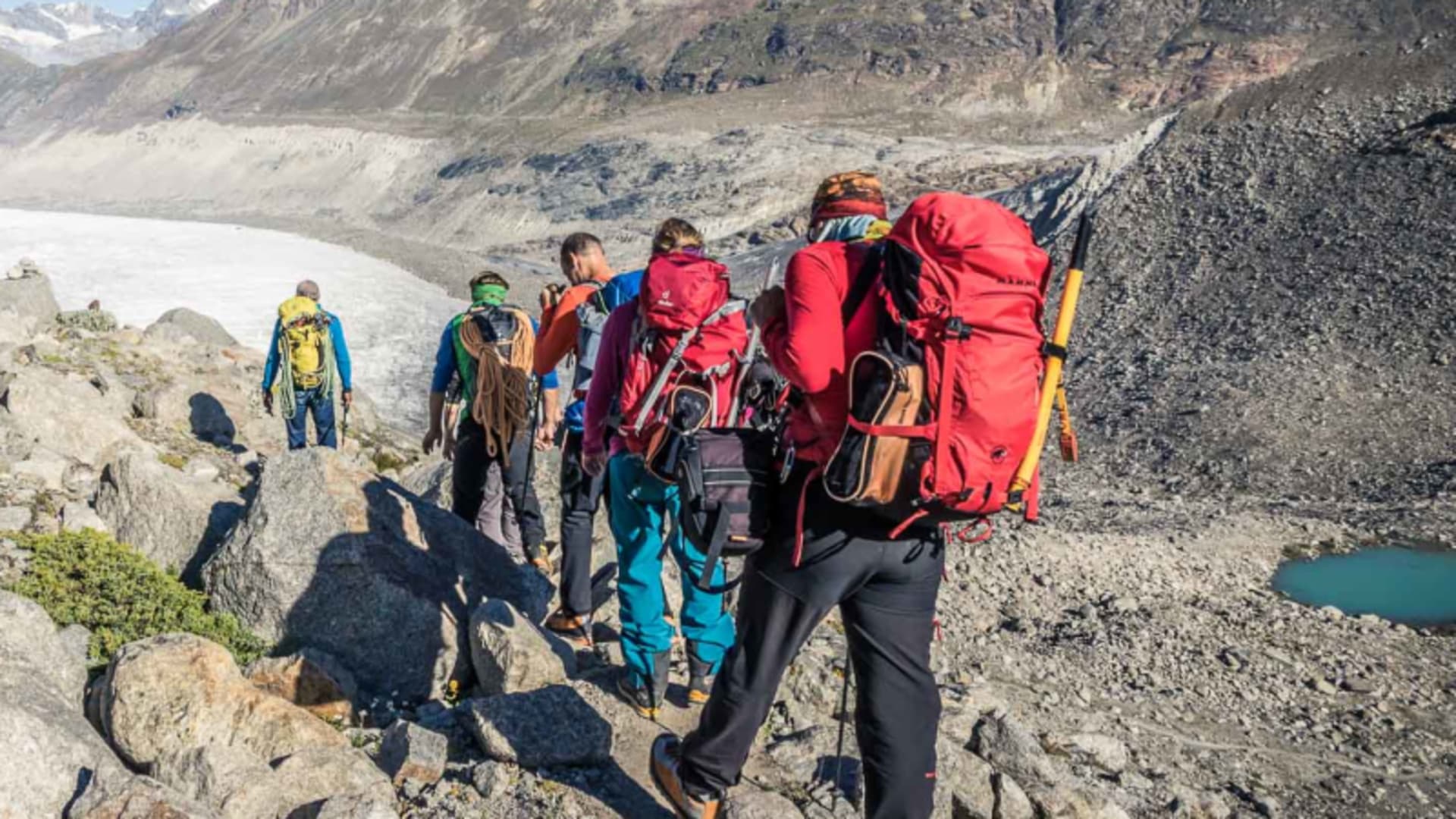 Hochtour im Wallis: Bergsteigergruppe steigt von der Monte-Rosa-Hütte über felsigen Moränenrücken ab