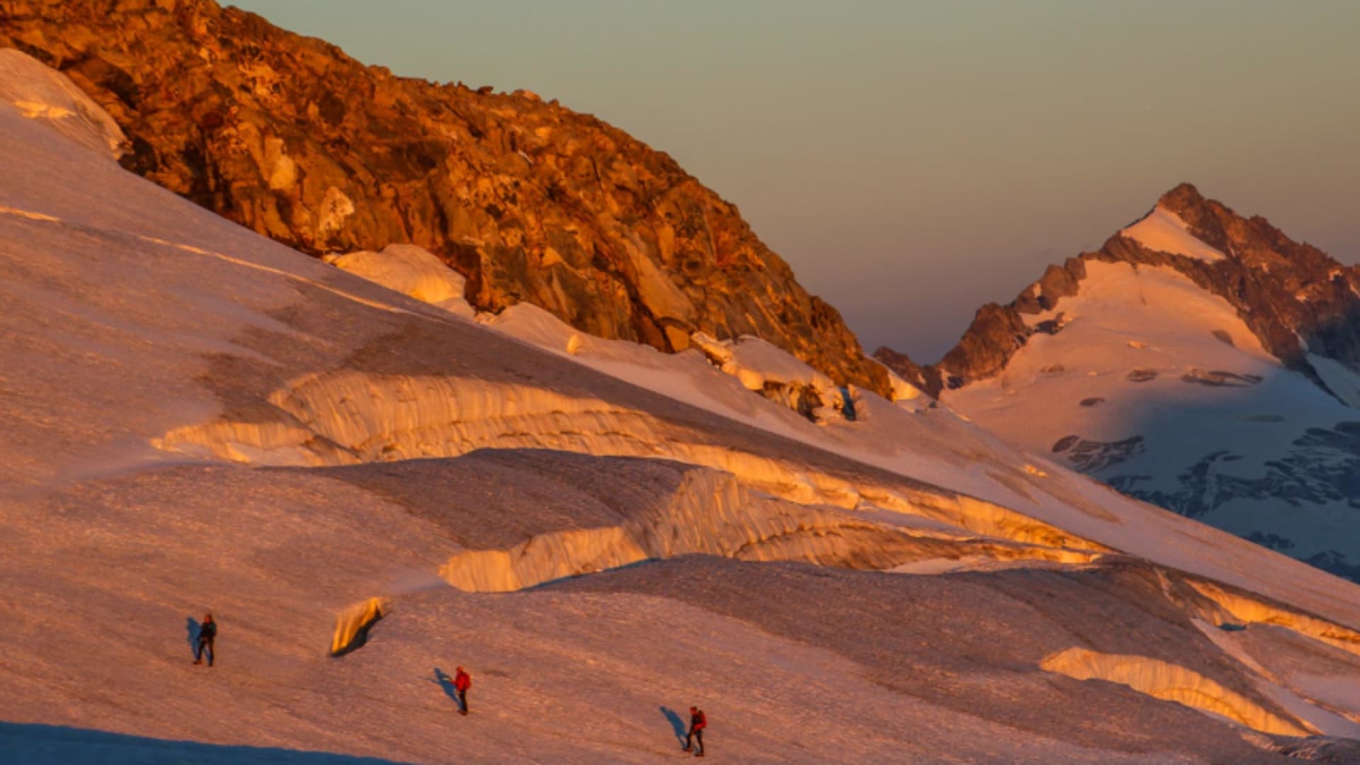 Hochtour am Großvenediger: vier Bergsteiger im Aufstieg über den Gletscher mit Gletscherspalten im Alpenglühen.