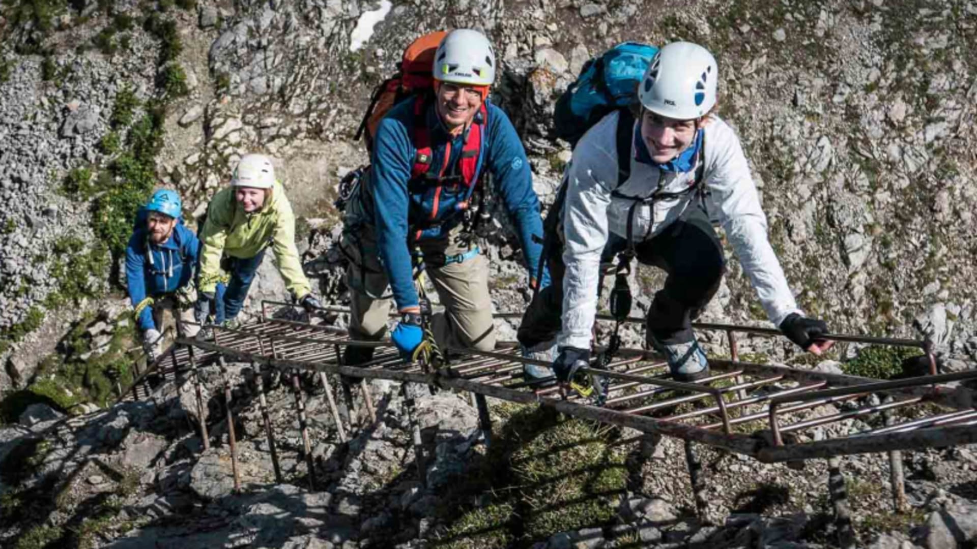 Vier Klettersteiggeher mit Helmen und Klettersteigsets auf einer Metallleiter an einer Kalkfelswand am Mittenwalder Höhenweg.