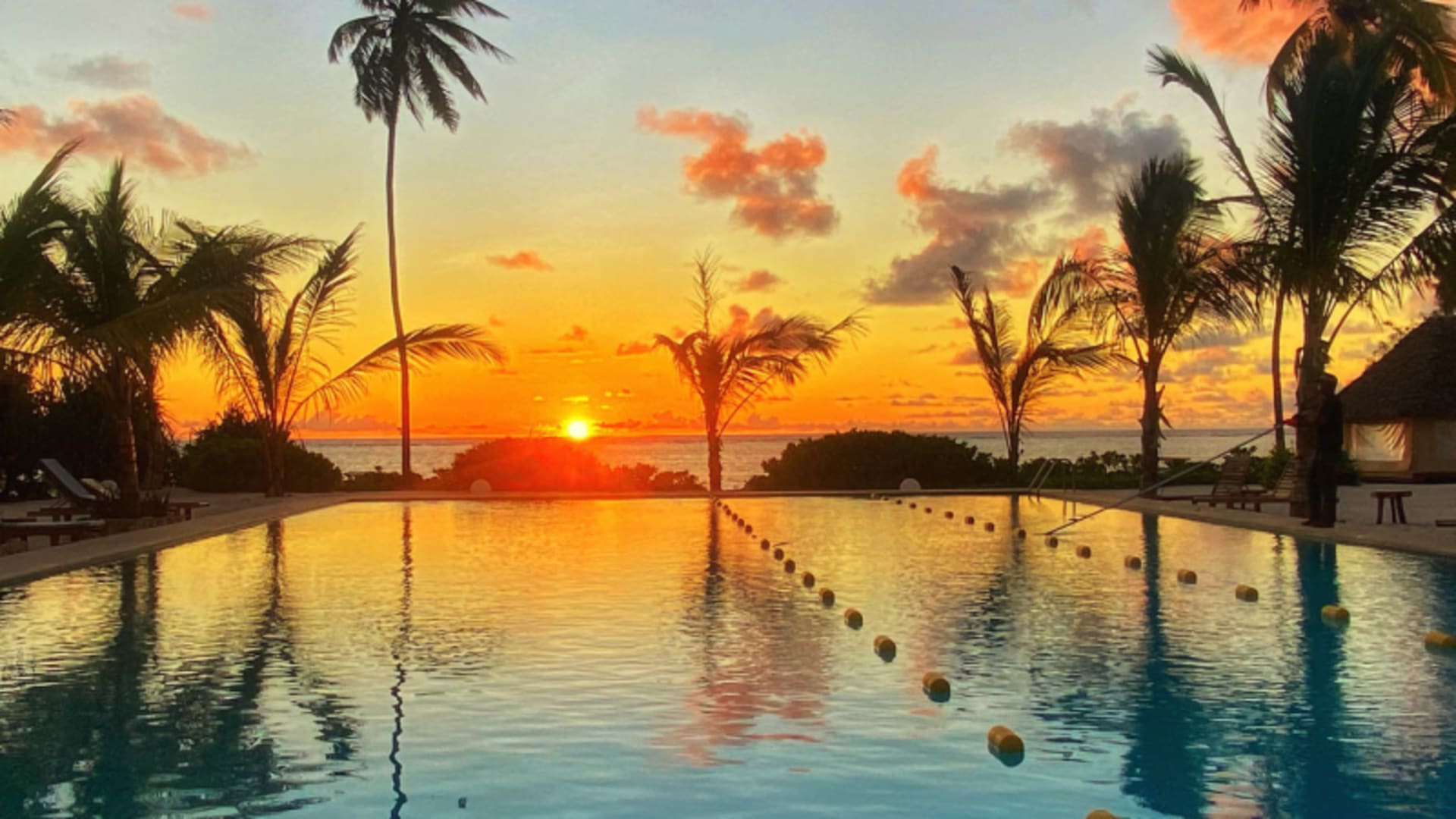 Infinity-Pool am Matemwe Beach – Ausgangspunkt für Trekking mit Blick auf Palmen und Meereshorizont bei Sonnenuntergang