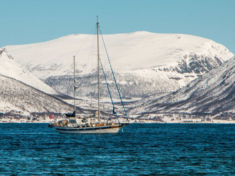 Skitour in Norwegen: Segelboot mit norwegischer Flagge auf dem Fjord bei Tromsø, dahinter schneebedeckte Berghänge