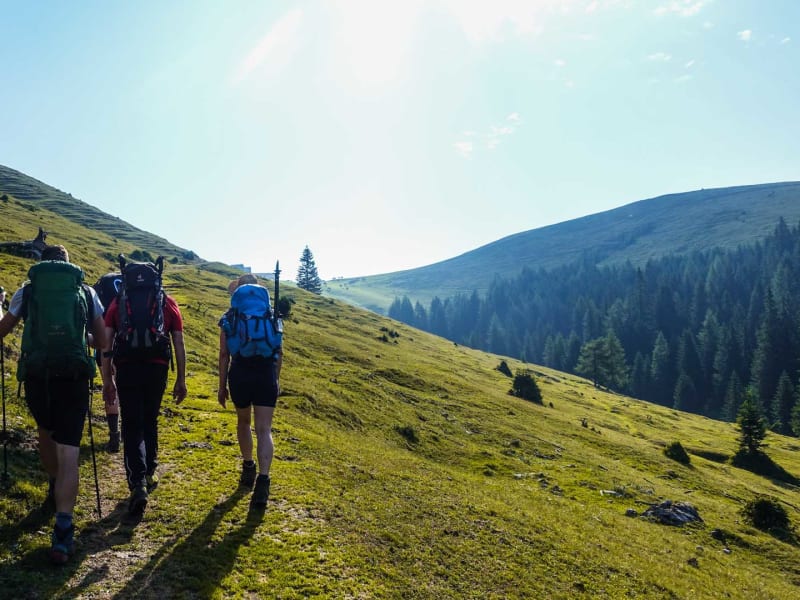 Drei Bergwanderer mit Rucksäcken und Wanderstöcken beim Aufstieg zur Achomitzer Alm auf der Alpenüberquerung.