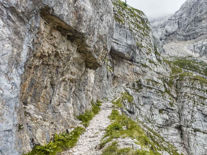 Schmaler Schotterpfad entlang einer Kalksteinwand beim Aufstieg zur Koča na Dolicu in Slowenien.