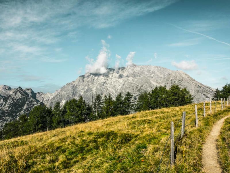 Wanderpfad mit Weidezaun auf einer Hangwiese mit Blick auf Kalksteinberge rund um den Königssee im Sommer.