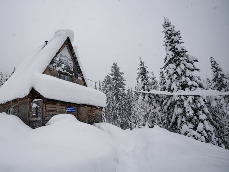 Schneebedecktes Holzblockhaus in Luzhba, Sibirien, mit Wandgemälde im Giebel und dichten Nadelbäumen.