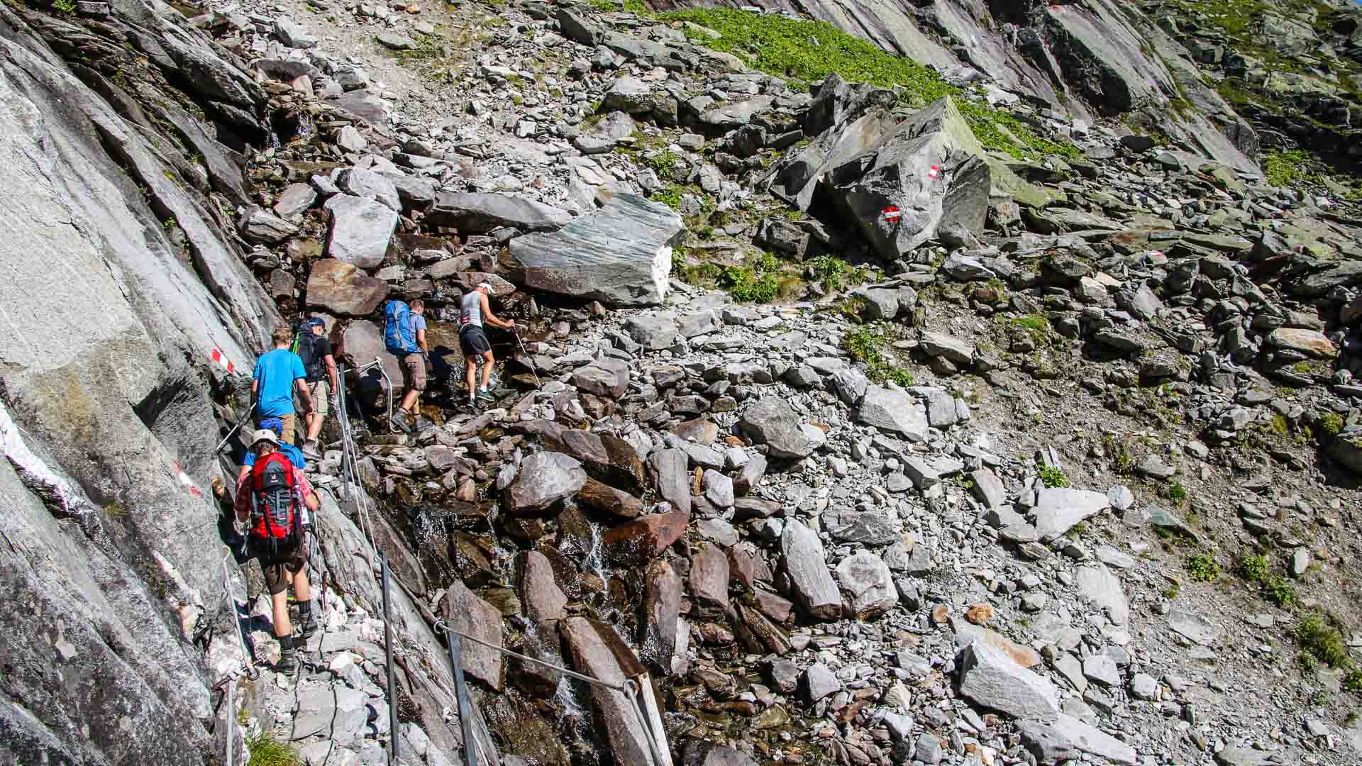 Hochtour am Anstieg zur Kürsinger Hütte: Vier Bergsteiger auf gesichertem Felsweg mit Stahlseilen und rot-weißer Wegmarkierung