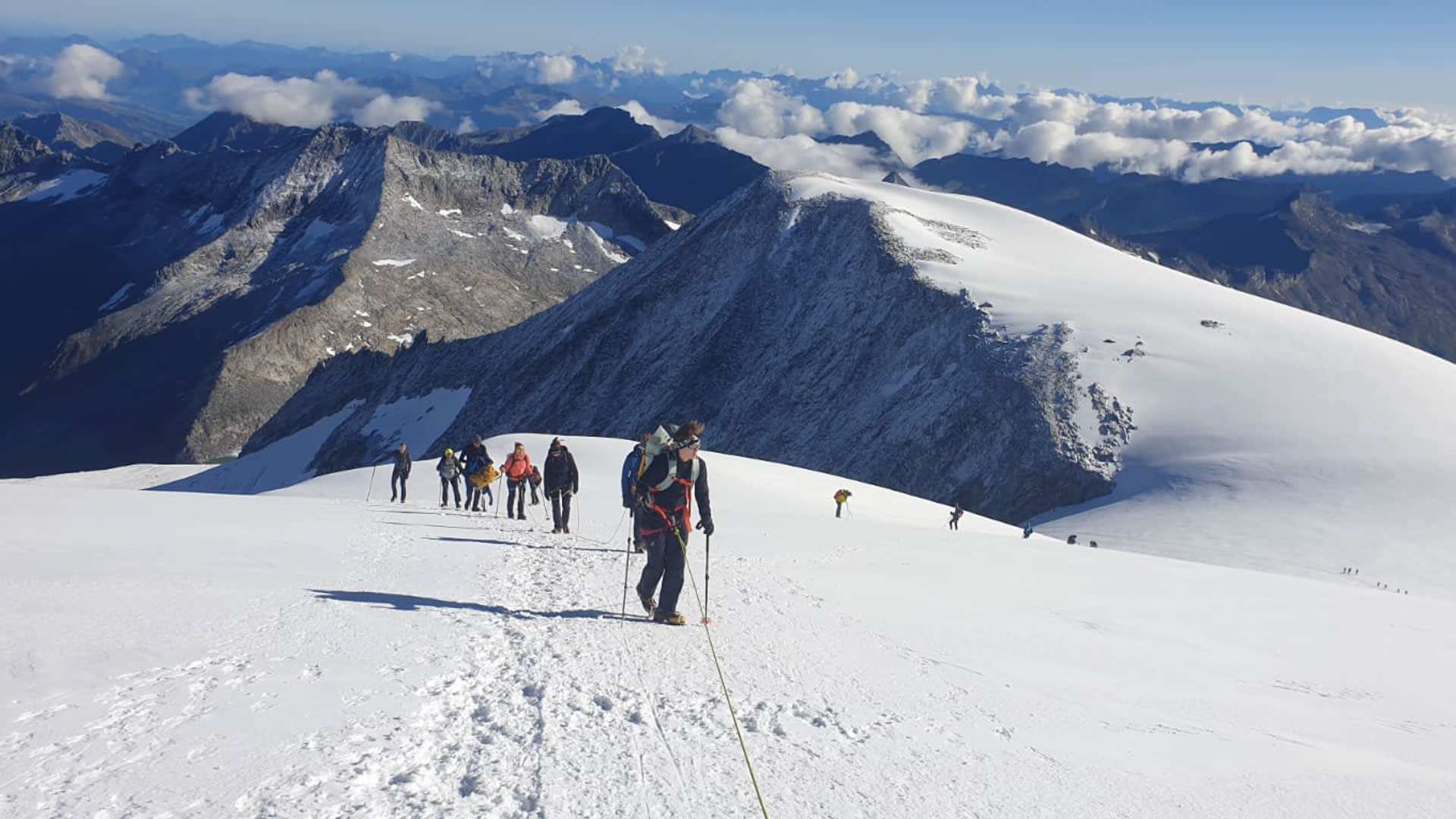 Hochtour Großvenediger: Seilschaft von sieben Bergsteigern steigt mit Stöcken und Helmen den Gipfelhang auf.