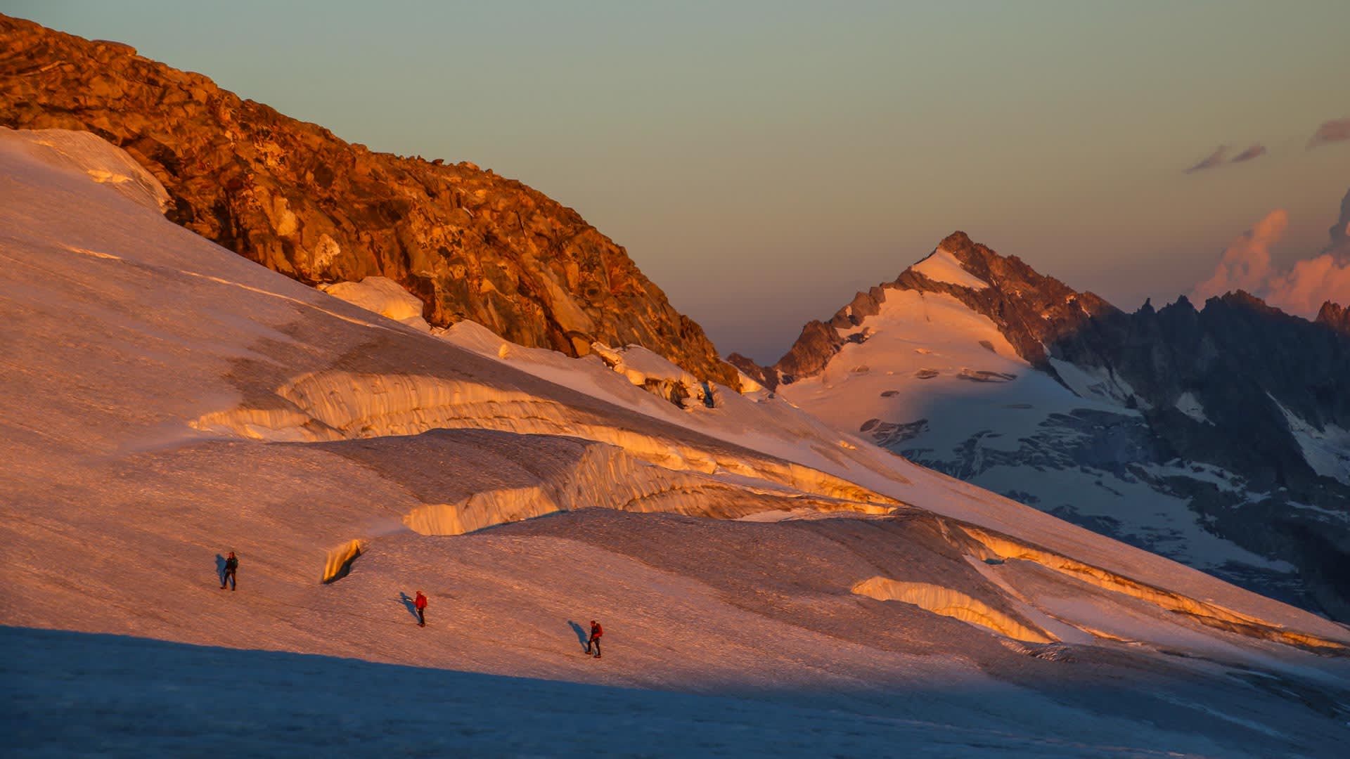 Hochtour am Großvenediger: vier Bergsteiger im Aufstieg über den Gletscher mit Gletscherspalten im Alpenglühen.