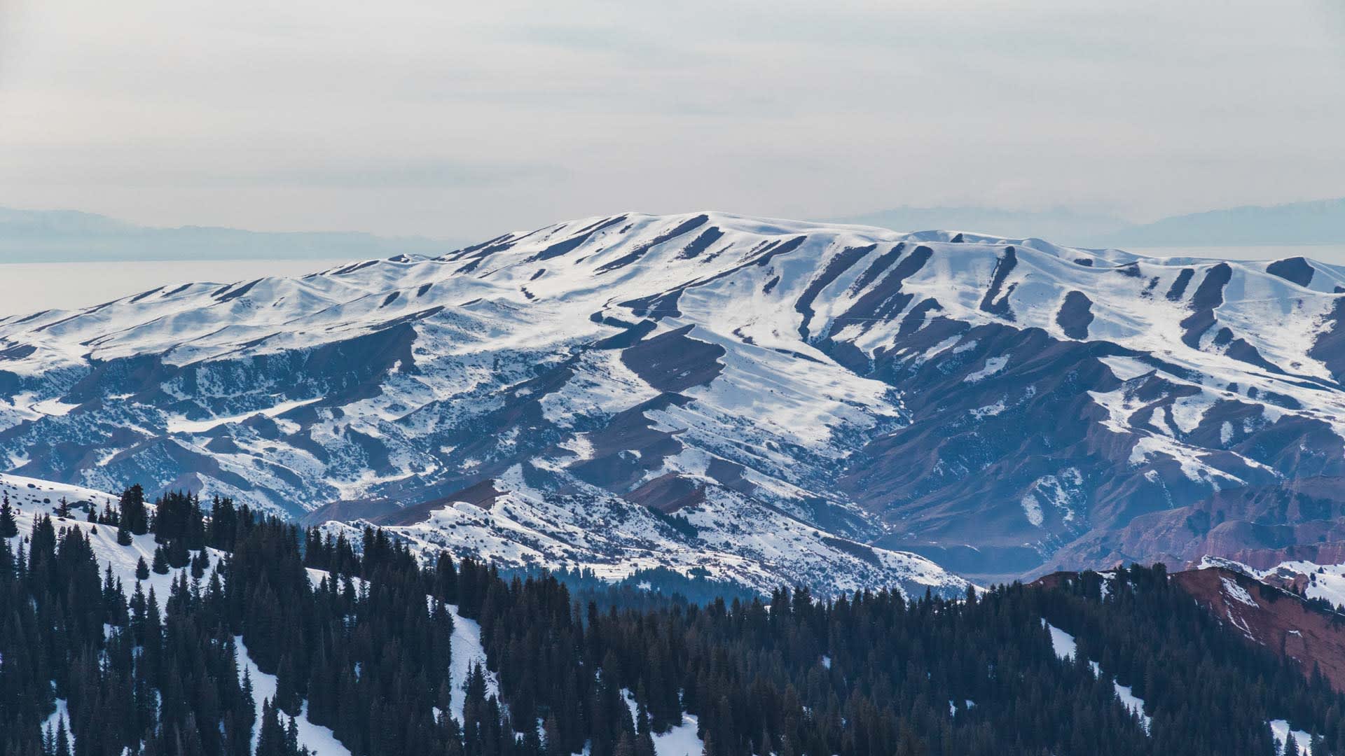 Skitour bei Karakol in Kirgistan: Bergmassiv mit Nadelwald, Schnee und einem See im Hintergrund.