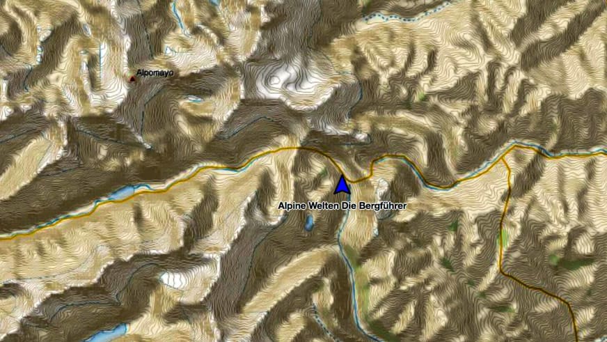Expedition Alpamayo: Digitale Topografiekarte mit Marker am Alpamayo, eingezeichneter Route und Hillshading-Geländedarstellung