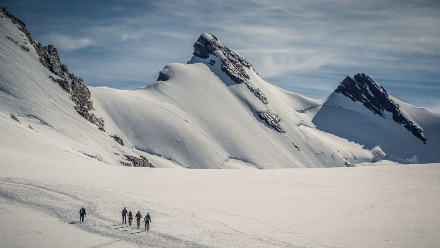 Hochtour auf der Spaghettirunde im Wallis: fünf Bergsteiger steigen über ein Gletscherplateau zu schneebedeckten Gipfeln auf.