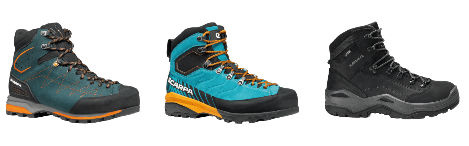 Empfohlene Schuhe zum Bergwandern: Drei Bergstiefel von SCARPA und LOWA für die Bergtour, freigestellt nebeneinander