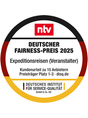 Siegel DFP25 Deutscher Fairness-Preis 2025 für Expeditionsreisen-Veranstalter Alpine Welten – Bergtour-Anbieter Platz 1–3