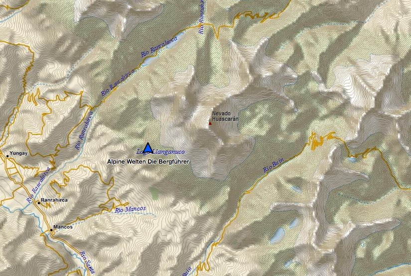 Expedition Huascaran Basislager: Topografische Karte mit Nevado Huascarán, Lago Llanganuco und umliegenden Tälern in Peru.