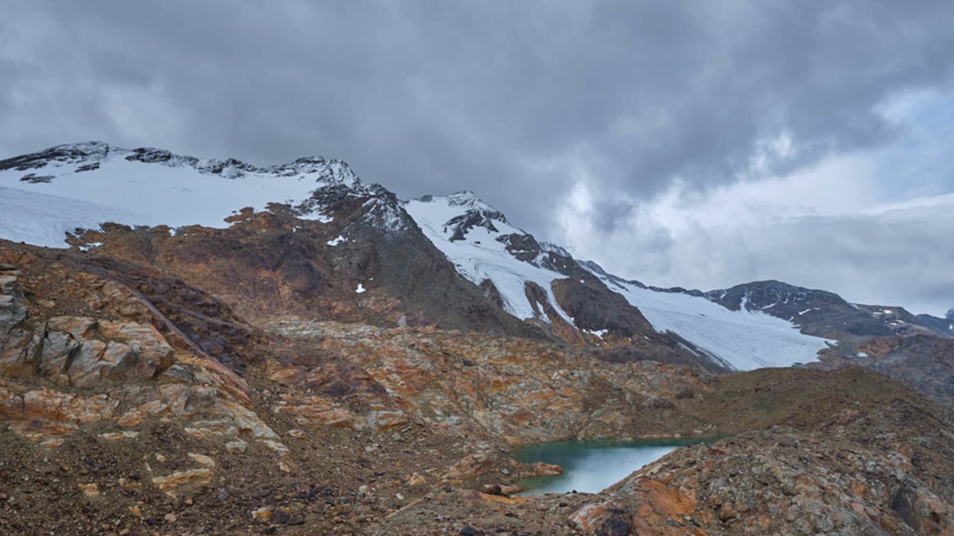 Bergwanderung in der Ortlergruppe: türkisgrüner Gletschersee in felsiger Hochgebirgslandschaft mit ausgedehnten Gletscherflächen