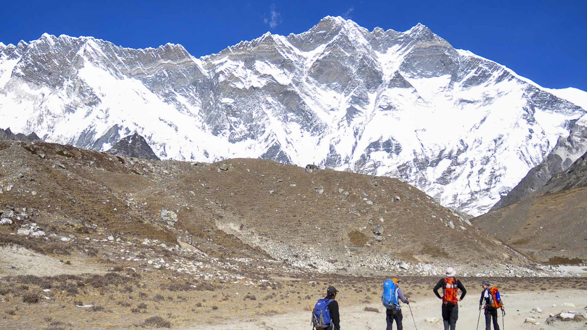 Expedition zum Island Peak: Vier Höhenbergsteiger mit Rucksäcken und Wanderstöcken auf dem Weg zum Basislager