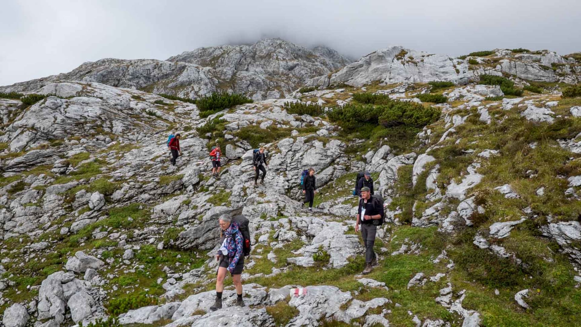 Sieben Bergwanderer steigen auf markiertem Felsweg am Hohen Dachstein bei bedecktem Himmel abwärts.