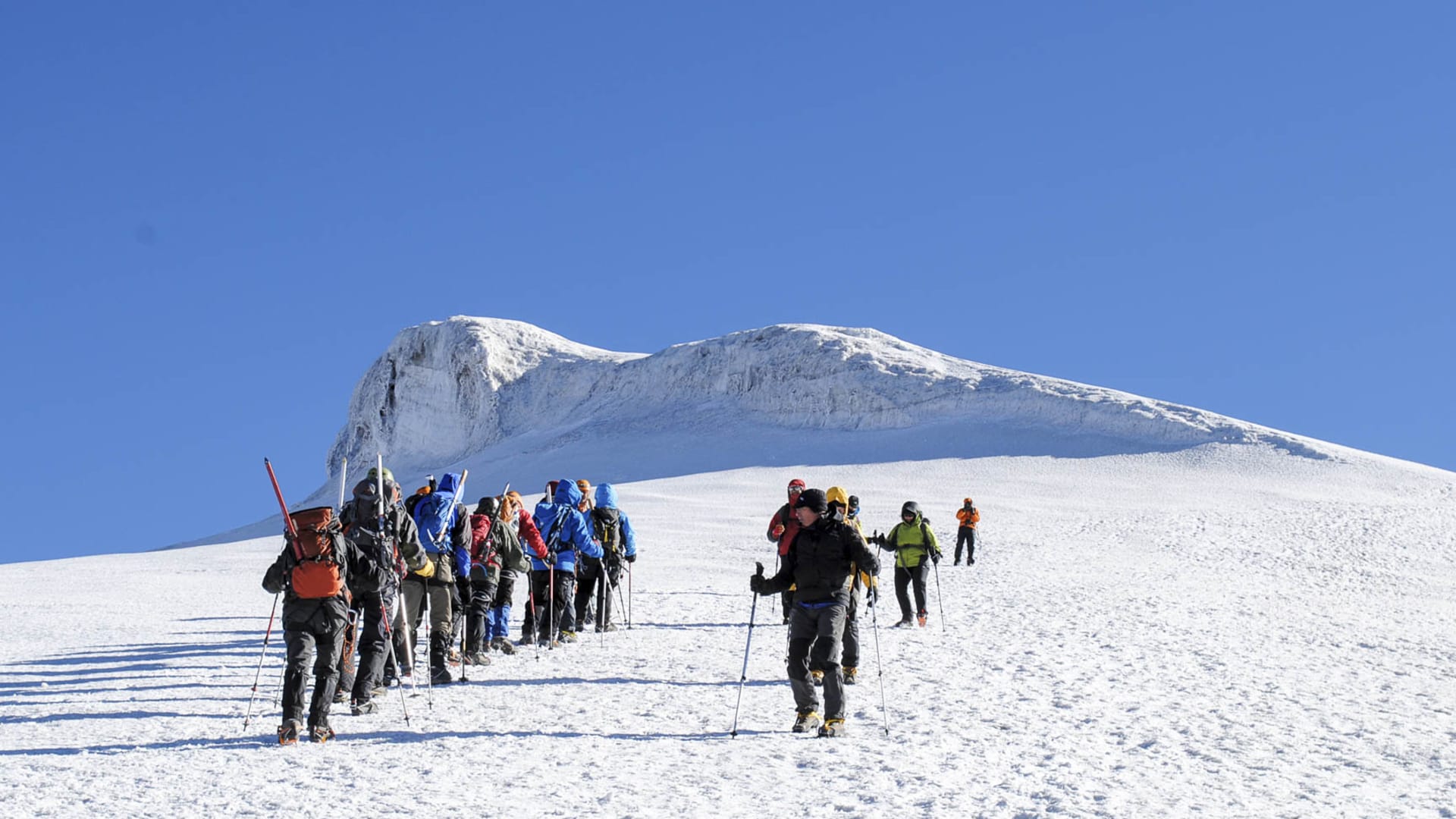 Gruppe von 15–20 Trekkern steigt in zwei Reihen mit Rucksäcken und Wanderstöcken einen Schneehang am Ararat auf.